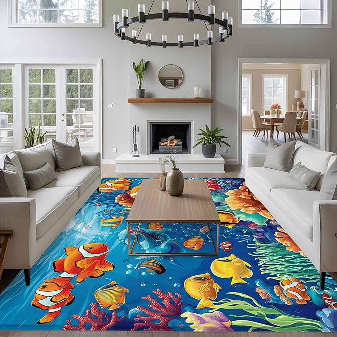 Ocean Marine 5'x8' Large Area Rugs, Life Fish Coral Seagrass Underwater Coastal Washable Area Rugs Non-Slip Indoor Floor Mats Large Carpet for Living Room Bedroom Dining Room