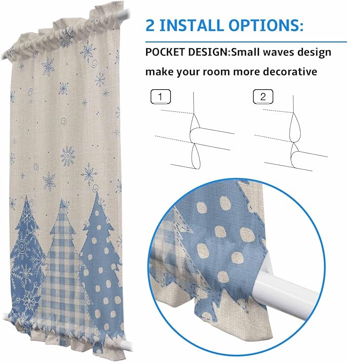 Christmas French Door Curtain Panel for Front Door, Cornflower Blue Various Christmas Tree Snowflake Slidelight Door Curtains with Tieback Light Filtering Privacy Panels for Doorway Entryway 25"x 40"