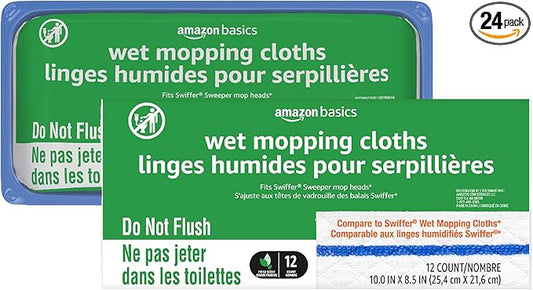 Amazon Basics Wet Mopping Cloth Refills, 24 Count (2 Packs of 12), Fits Swiffer Sweeper Mop Heads