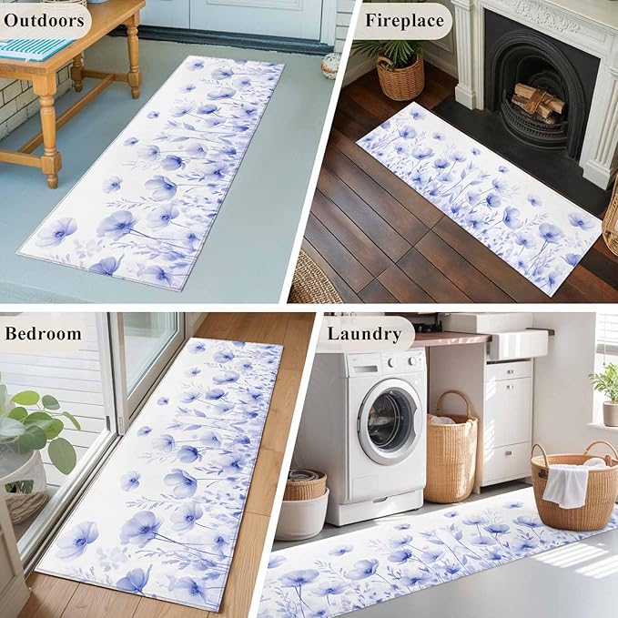 Flower Runner Rug 2'x6', Blue Hallway Runner Rugs Washable Non-Slip Bedside Floor Mats Carpet for Kitchen Bedroom Laundry Room Bathroom