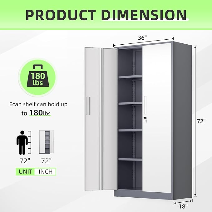 Bonusall 72" Metal Garage Storage Cabinet， Heavy-Duty Steel Cabinet with 2 Locking Doors & 4 Adjustable Shelves for Home, Office, or Workshop Organization(White Grey)