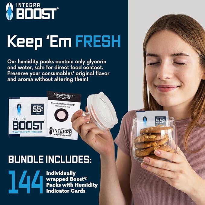 Integra Boost - 55% RH Level - 8 Gram Size - Two-Way Humidity Control Pack Incl. Replacement Indicator Cards - Food Storage & Herbs Preserver Moisture Balancer, Protects 1 OZ (Pack of 144)