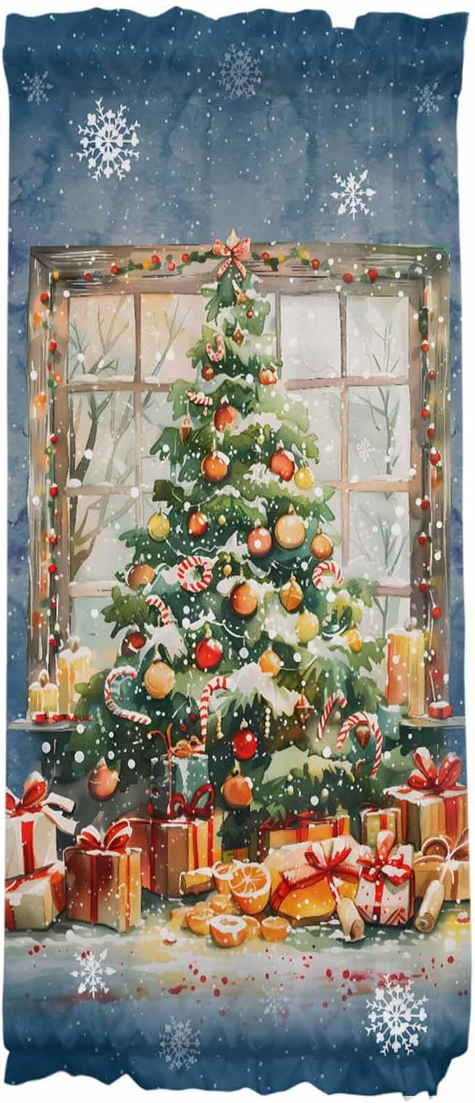 Christmas French Door Curtain Panel for Front Door, Gorgeous Xmas Tree Dark Steel Blue Slidelight Door Curtains with Tieback Light Filtering Privacy Panels for Doorway Entryway 25"x 40"