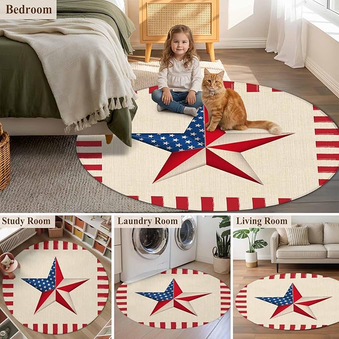 Farmhouse American Flag Pentagram Round Rug 3.3 Ft, Samll Area Rugs Washable Non Slip Indoor Floor Mats Circle Carpet for Living Room Bedroom Dining Room Home