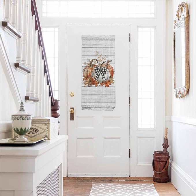 French Door Curtain Panel for Front Door, Plaid Bow White Pumpkin Maple Wood Grain Slidelight Door Curtains with Tieback Light Filtering Privacy Panels for Doorway Entryway 25"x 40"