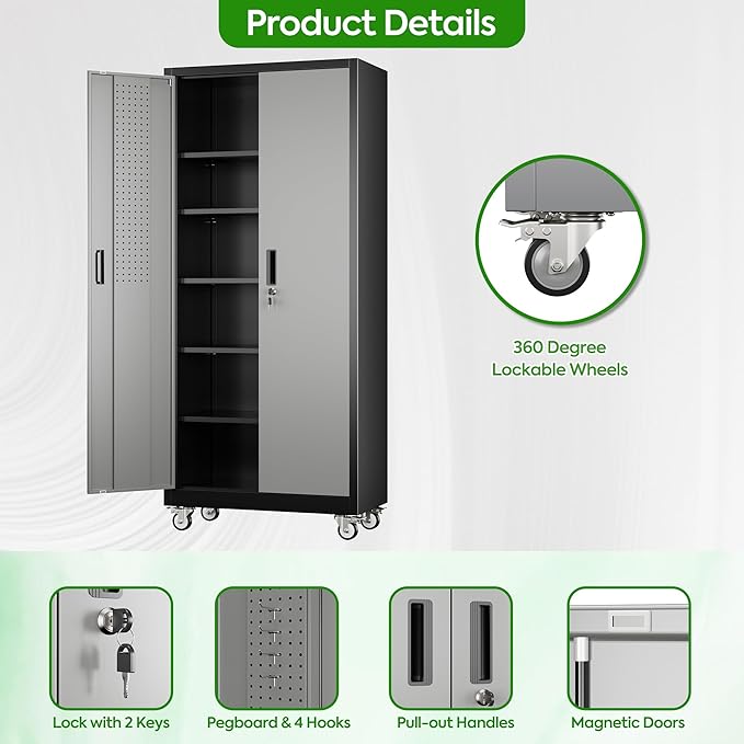 Reemoon 71" H Metal Garage Storage Cabinet with Wheels，Steel Storage Cabinet with Door,5 Adjustable Shelves and Pegboard for Garage Home,Required Assembly,Black &Dark Grey