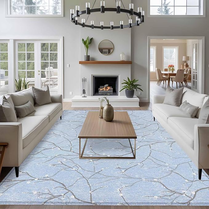 Blue Tree Branch 9'x12' Large Area Rugs, Retro Classic Art Blue Tree Branches Flower Washable Area Rugs Non-Slip Indoor Floor Mats Large Carpet for Living Room Bedroom Dining Room