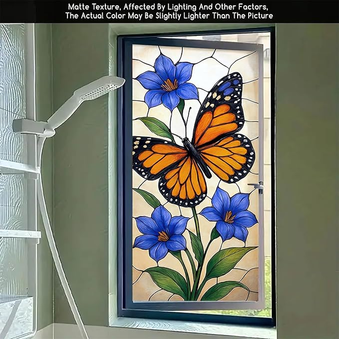 Butterfly Blue Flower Privacy Film Stained Glass Style Static Cling No Glue Decorative Panel Light Filtering for Door Window Kitchen 17.7x39.3 inch