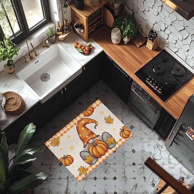 Welcome Door Mat 20x31.5in,Thanksgiving Fall Gnome Pumpkin Indoor Entryway Doormats Non-Slip Bath Rug Absorbent Front Door Mat,Maple Leaves Orange Plaid Flax Floor Carpet for Bedroom Bathroom