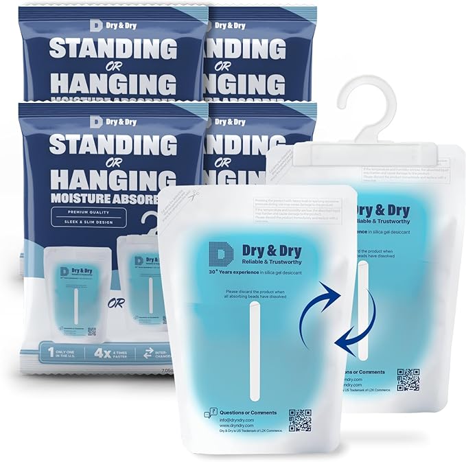 Dry & Dry 4 Packs Hybrid Moisture Absorbers to Control Excess Moisture for Basements, Closets, Bathrooms, Laundry Rooms - Moisture Absorbers, Standing or Hanging Moisture Absorbers