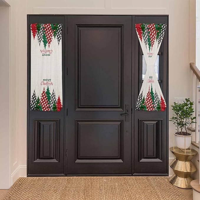 Christmas French Door Curtain Panel for Front Door, Red Gray Plaid Xmas Trees Vintage Beige Slidelight Door Curtains with Tieback Light Filtering Privacy Panels for Doorway Entryway 25"x 40"