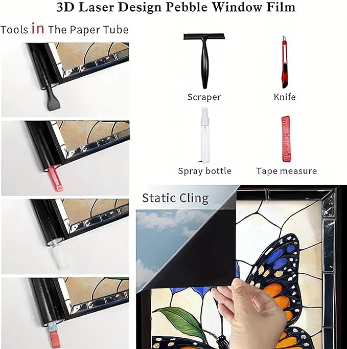 Butterfly Blue Flower Privacy Film Stained Glass Style Static Cling No Glue Decorative Panel Light Filtering for Door Window Kitchen 17.7x39.3 inch