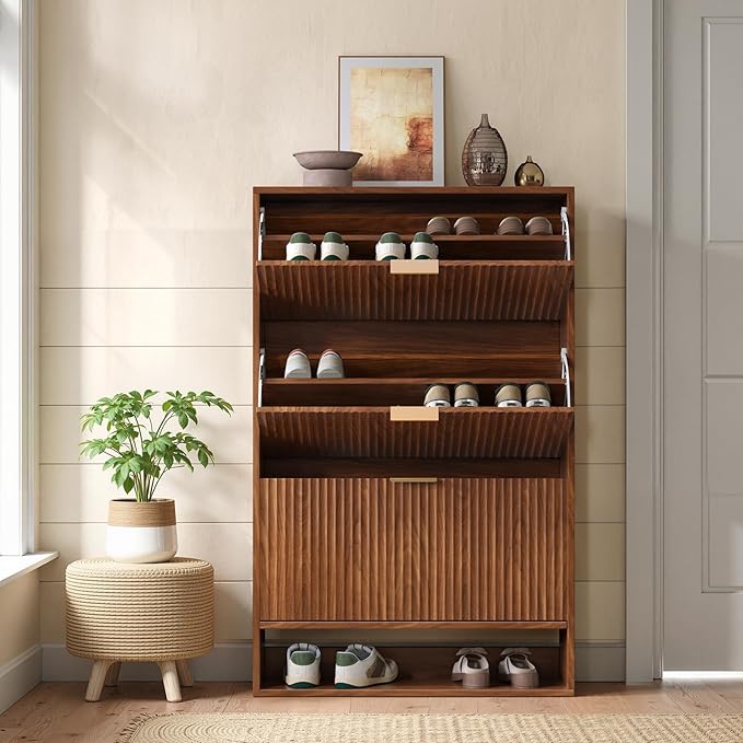 Hootata Walnut Tall Shoe Storage Cabinet for Entryway with 3 Flip Drawers, Narrow Wood Fluted Shoe Rack Cabinet, Freestanding Slim Shoe Organizer Cabinet for Foyer, Hallway