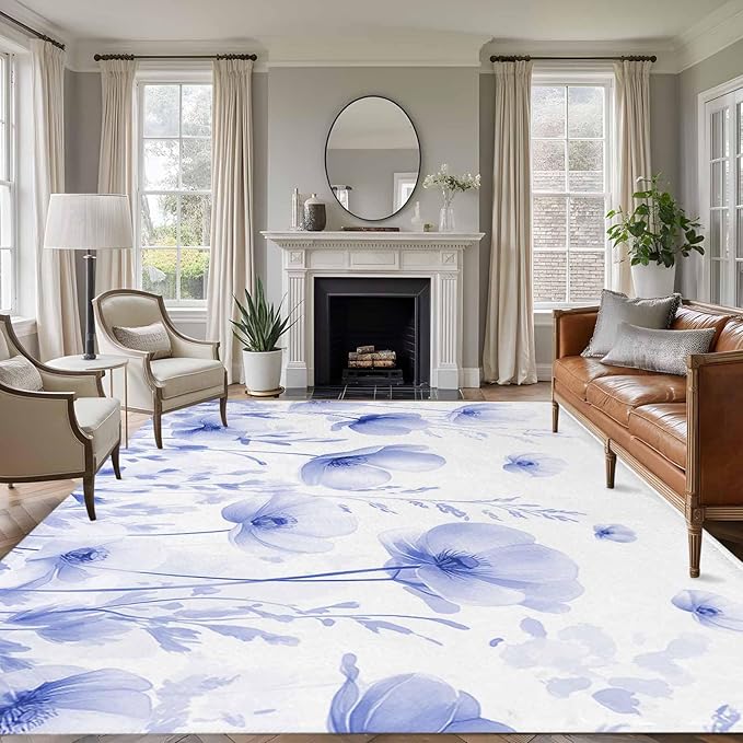 Flower 5'x7' Area Rugs, Blue Washable Area Rugs Non-Slip Indoor Floor Mats Carpet for Living Room Bedroom Dining Room