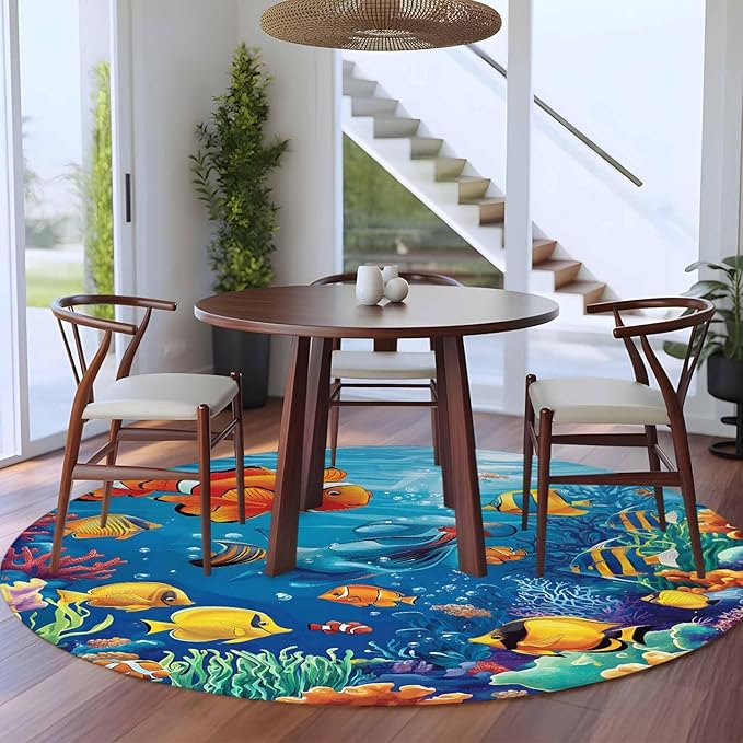 Ocean Marine Round Rug 6 Ft, Life Fish Coral Seagrass Underwater Coastal Circle Area Rugs Washable Non Slip Indoor Floor Mats Carpet for Living Room Bedroom Dining Room Home Decor