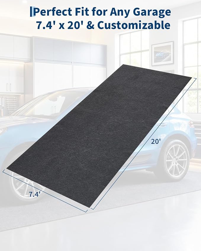 Garage Mat 7.4'x20', Waterproof Floor Cover with PE Leak-Proof Backing, Slip-Resistant Felt Surface Protects Against Water Snow Mud Oil, Easy to Clean & Trim for Workshop, Driveway, or Garage