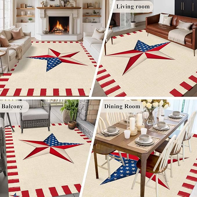 Farmhouse American Flag Pentagram 6'x9' Large Area Rugs, Washable Area Rugs Non-Slip Indoor Floor Mats Large Carpet for Living Room Bedroom Dining Room