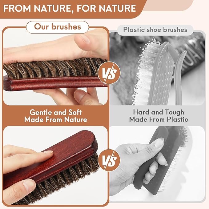 4pcs 100% Horse Hair Shoe Brush Kit Shoe Shine Kit Beech Wood Leather Care Set Suede Boot Cleaner Polish Applicator Dauber Buffing Cloth Soft Natural Bristles Men Gift Box for Boots Shoes Sneakers Car