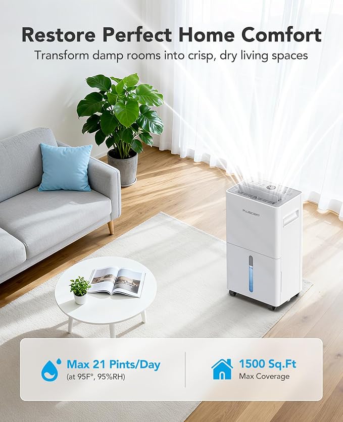PLUSCENT 1500 Sq.ft Dehumidifier for Basement with Drain Hose, 21 Pint/Day Dehumidifiers for Home, Bathroom, Bedroom, Large Room, Smart Humidity Control, 3 Modes, Auto Defrost, Auto Restart, 24H Timer
