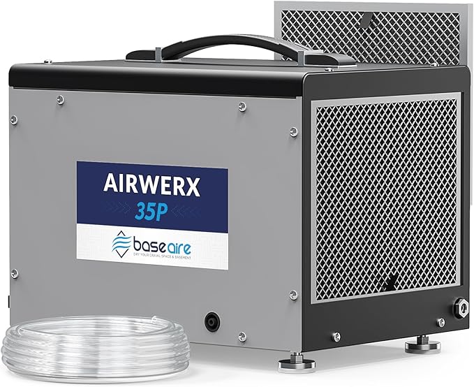 BaseAire Crawlspace Dehumidifier with Pump, Intelligent Dehumidifiers for Commercial, Basement, 70 pints, Compact, Auto Defrost, Memory Starting, Up to 1000 Sq Ft