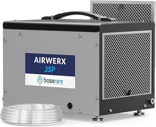 BaseAire Crawlspace Dehumidifier with Pump, Intelligent Dehumidifiers for Commercial, Basement, 70 pints, Compact, Auto Defrost, Memory Starting, Up to 1000 Sq Ft