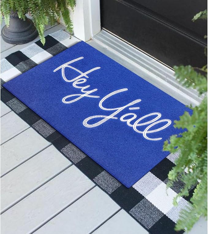 Front Doormat, Blue Hey Y'all Indoor Outdoor Heavy Duty Backing Door Mats Non Slip Absorbent Resist Dirt Entrance Doormats for Home Decor Entryway Patio 36" x 24"