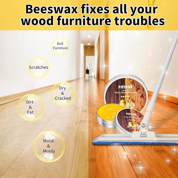PIPIHUA Beeswax Polish and Conditioner for Wood Furniture - Waterproof & Restorer Wood Wax, Multipurpose Beeswax Furniture Polish and Cleaner for All Types and Colours, Lemon(2×100g with 3 Sponges)