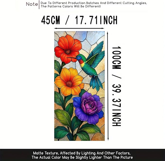 Colorful Bird Flower Privacy Film Stained Glass Style Static Cling No Glue Decorative Panel Light Filtering Cover for Kitchen Door Studio Entryway 17.7x39.3 inch