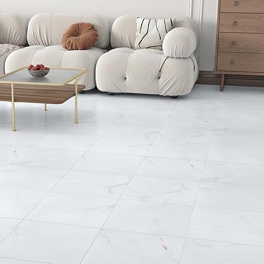 Wallercity White/Red Peel and Stick Floor Tile Waterproof White Marble Floor Tiles for Kitchen Bathroom 12''x12'' Vinyl Flooring Tile Panels Modern Self Adhesive Flooring Sheets for Hallway RV 5PCS