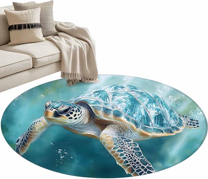 Marine Animal Round Rug 3.3 Ft, Ocean Turtle Modern Art Abstract Style Samll Area Rugs Washable Non Slip Indoor Floor Mats Circle Carpet for Living Room Bedroom Dining Room Home