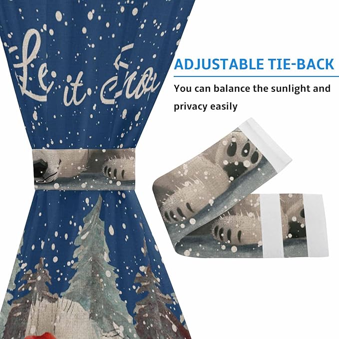 Christmas French Door Curtain Panel for Front Door, Hand Drawn Trees Winter Christmas Bear Slidelight Door Curtains with Tieback Light Filtering Privacy Panels for Doorway Entryway 25"x 40"