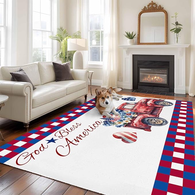 Red Truck USA Flag Stars 5'x8' Large Area Rugs, God Bless America Washable Area Rugs Non-Slip Indoor Floor Mats Large Carpet for Living Room Bedroom Dining Room