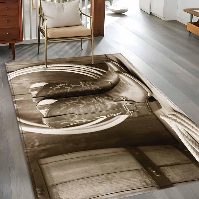 Western Cowboy Area Rugs 2.7'x5', Vintage Countryside Cowboy Boots Ropes Washable Area Rugs Non-Slip Indoor Floor Mats Carpet for Living Room Bedroom Dining Room