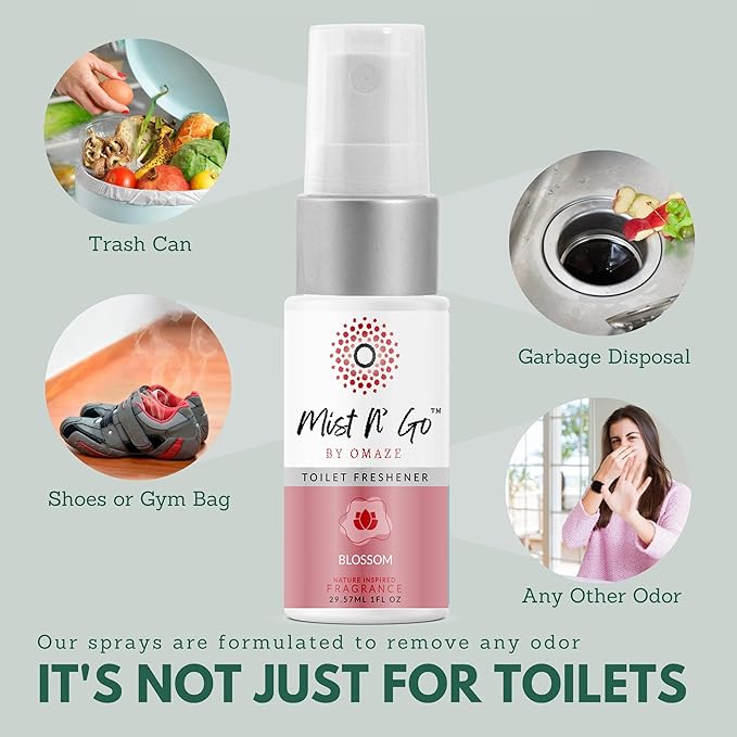 Mist N’ Go by Omaze Travel Bathroom Spray for Toilet Spray Odor Eliminator - Travel Toilet Spray for Bathroom Air Freshener Spray for Bathroom Deodorizer - Blossom Travel Size (1oz x1)