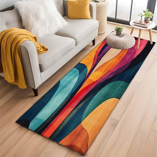 Minimalist Art Runner Rug 2'x6', Abstract Yellow Blue Color Block Line Hallway Runner Rugs Washable Non-Slip Bedside Floor Mats Carpet for Kitchen Bedroom Laundry Room Bathroom