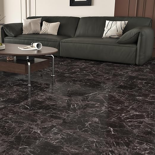 Wallercity Marble Peel and Stick Floor Tile Easy to Clean Waterproof Flooring for Kitchen Bathroom Bedroom Light Balck Vinyl Flooring Self Adhesive Floor Tile Stickers Durable Removable Tiles 18PCS