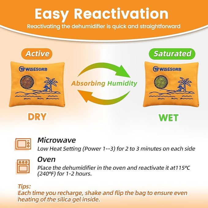 Wisesorb 100gx10pcs Rechargeable Desiccant Packs for Storage, Reusable Dehumidifier Bags Visible Color Indicating Silica Gel Packets Moisture Absorbers for Safe Closet 3D Filaments Electronics Camera