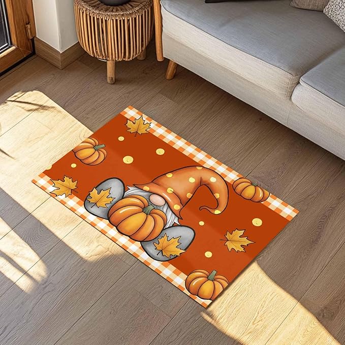 Welcome Door Mat 16x24in,Autumn Harvest Gnome Pumpkin Indoor Entryway Doormats Non-Slip Bath Rug Absorbent Front Door Mat,Thanksgiving Maple Leaves Orange Floor Carpet for Bedroom Bathroom