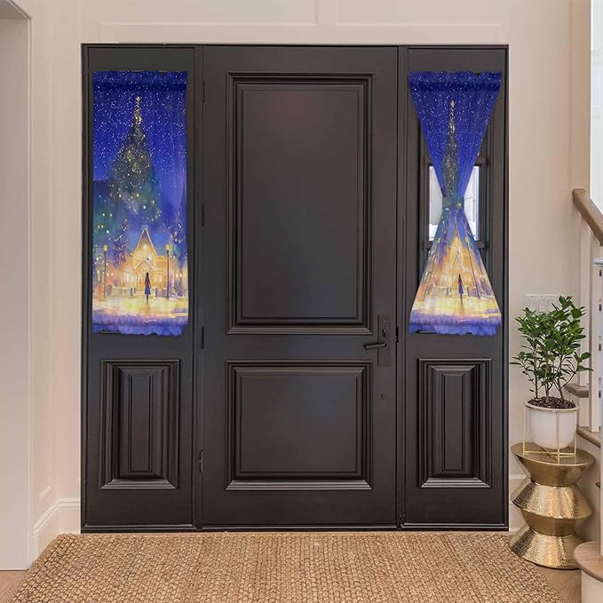 Christmas French Door Curtain Panel for Front Door, Watercolor House Xmas Tree Snowy Night Slidelight Door Curtains with Tieback Light Filtering Privacy Panels for Doorway Entryway 25"x 40"