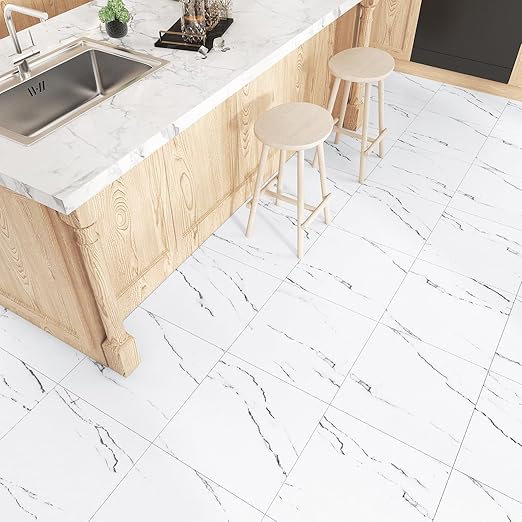 Wallercity Bathroom Marble White Peel and Stick Floor Tile Vinyl Flooring Tile for Kitchen 12''x12'' Non-Slip Shower Sheets Stick on Floor Tiles 5PCS Thick Waterproof Marble Tiles for Bedroom Corridor