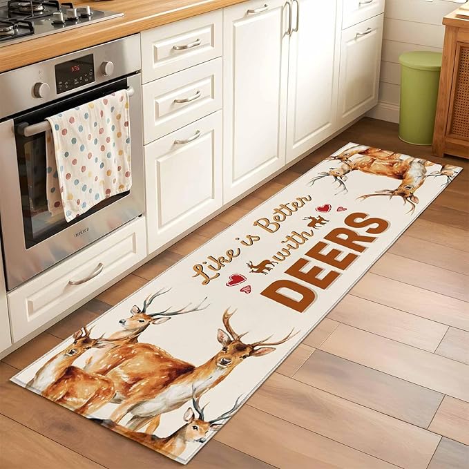 Beige Deer Runner Rug 2'x6', Wildlife Animals Rustic Farmhouse Elk Rustic Farmhouse Hallway Runner Rugs Washable Non-Slip Bedside Floor Mats Carpet for Kitchen Bedroom Laundry Room Bathroom