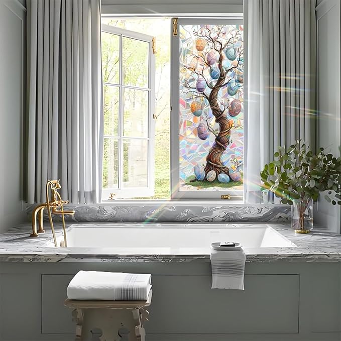Window Film 17.3 x 39.4 Inch Easter Egg Tree Illustration PVC Decorative Privacy Window Covering for Seasonal Home Styling Spring Glass Surface Decor
