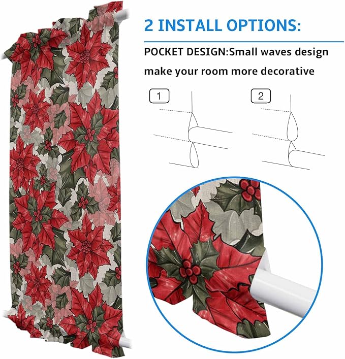 Christmas French Door Curtain Panel for Front Door, Vintage Xmas Poinsettia Floral Farmhouse Slidelight Door Curtains with Tieback Light Filtering Privacy Panels for Doorway Entryway 25"x 40"