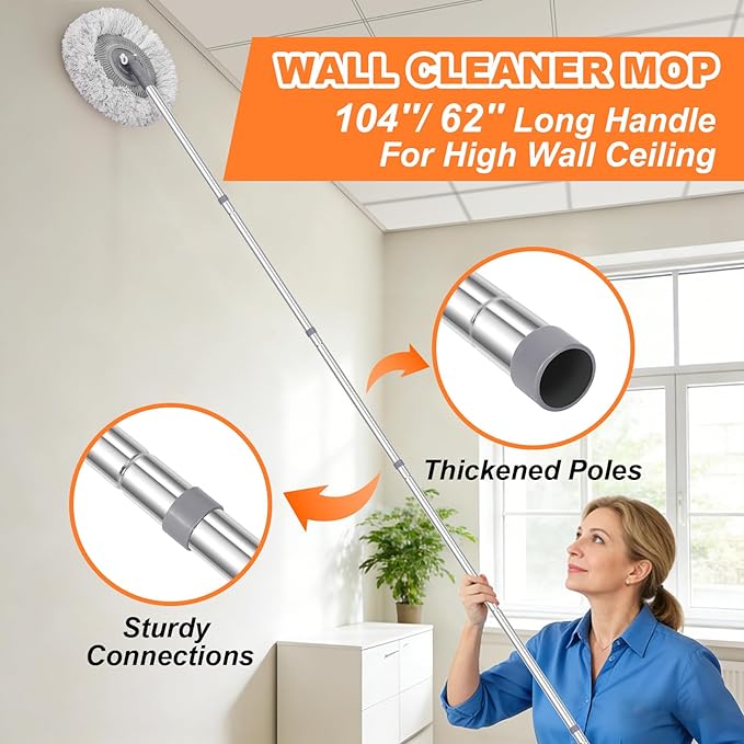 Wall Mop for Painted Walls, Wall Cleaner Mop with 104''/ 62" Long Handle, Dry Mop for Wall Floor Ceiling Cleaning, 2 Reusable Pads (Grey)