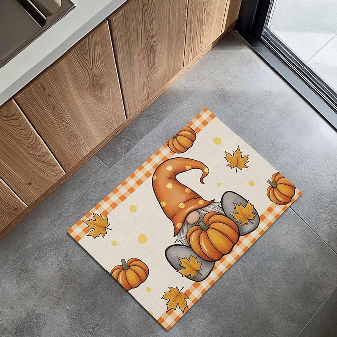 Welcome Door Mat 18x30in,Thanksgiving Fall Gnome Pumpkin Indoor Entryway Doormats Non-Slip Bath Rug Absorbent Front Door Mat,Maple Leaves Orange Plaid Flax Floor Carpet for Bedroom Bathroom