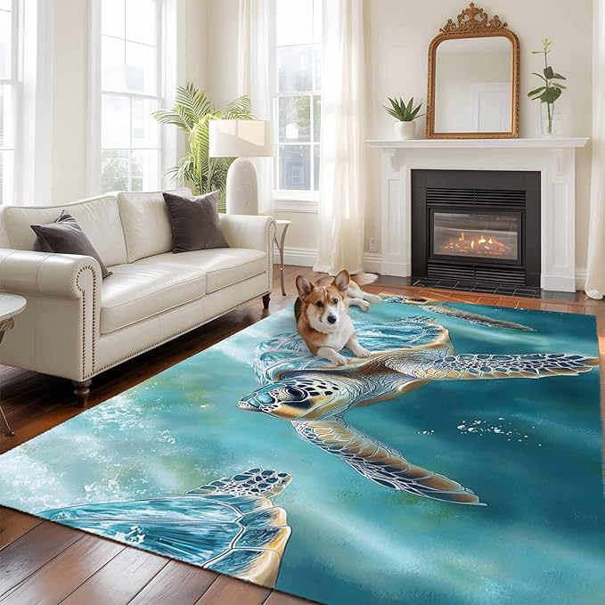 Marine Animal 6'x9' Large Area Rugs, Ocean Turtle Modern Art Abstract Style Washable Area Rugs Non-Slip Indoor Floor Mats Large Carpet for Living Room Bedroom Dining Room