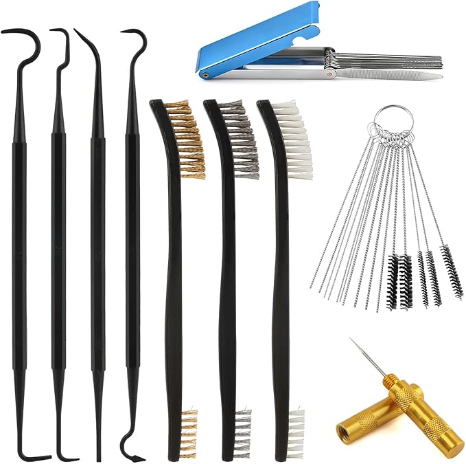Carburetor Cleaning Kit, 37Pcs Torch Tip Cleaner Set with 3 Double Head Brush 23 Needles 5 Nylon Brushes 1 Scraper 4 Cleaning Hooks and Case for Motorcycle/ATV/Lawn Mower/Torch Chainsaw Small Engines
