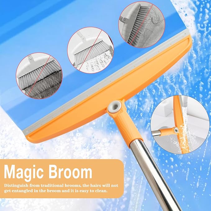 Silicone Air Broom,Multifunction Broom with Long Handle，Adjustable Rubber Squeegee Sweeping Water for Indoor Hardwood Floors,Kitchen,Concrete Floor,Bathroom Tile(Gray Yellow)