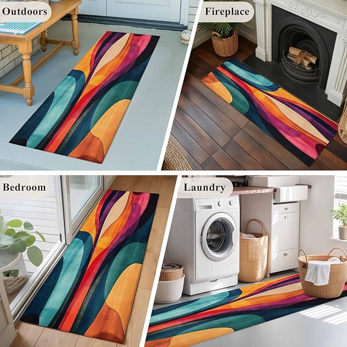 Minimalist Art Runner Rug 2'x6', Abstract Yellow Blue Color Block Line Hallway Runner Rugs Washable Non-Slip Bedside Floor Mats Carpet for Kitchen Bedroom Laundry Room Bathroom