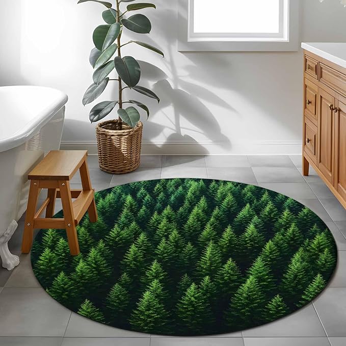 Green Forest Round Rug 3.3 Ft, Pine Trees Forest Landscape Style Summer Samll Area Rugs Washable Non Slip Indoor Floor Mats Circle Carpet for Living Room Bedroom Dining Room Home